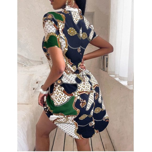 Chain Print Notched Neck Dress Without Belt - Picture 3 of 7